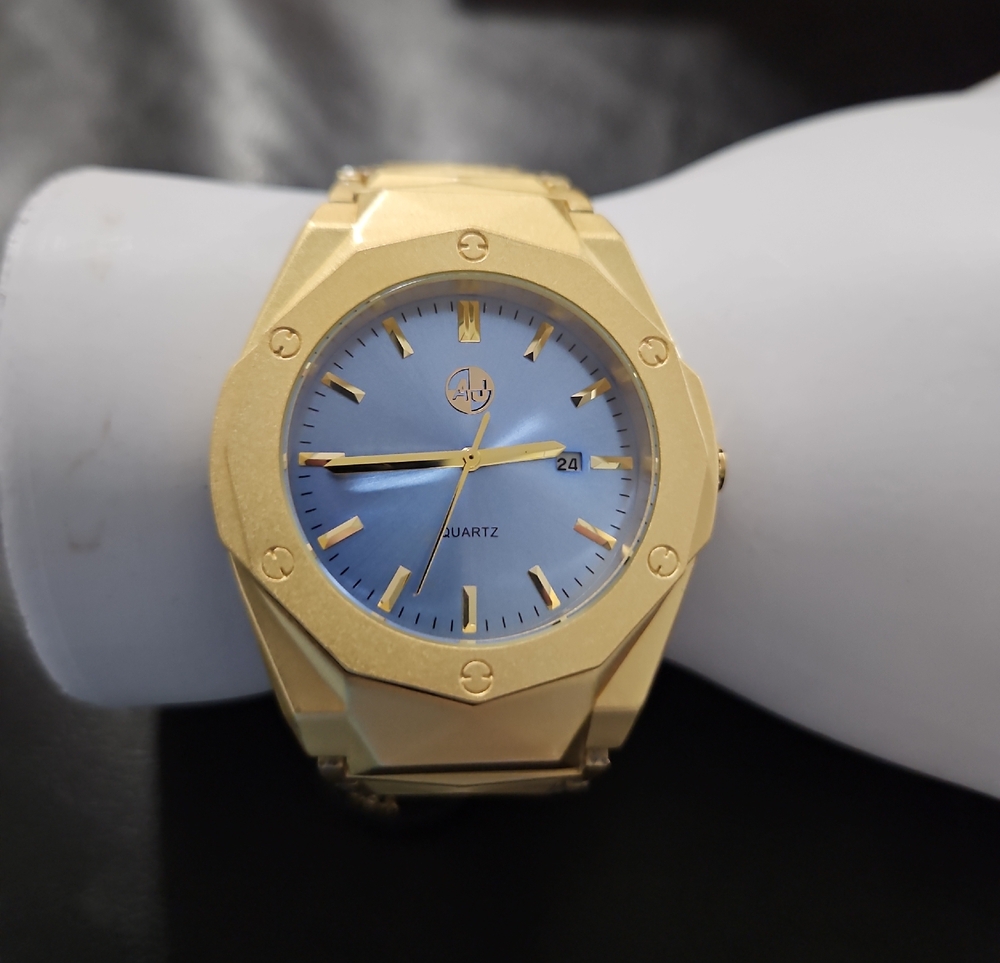 Gold Men's AJ Brand Quartz Watch withTiffany Blue Dial and Date Window